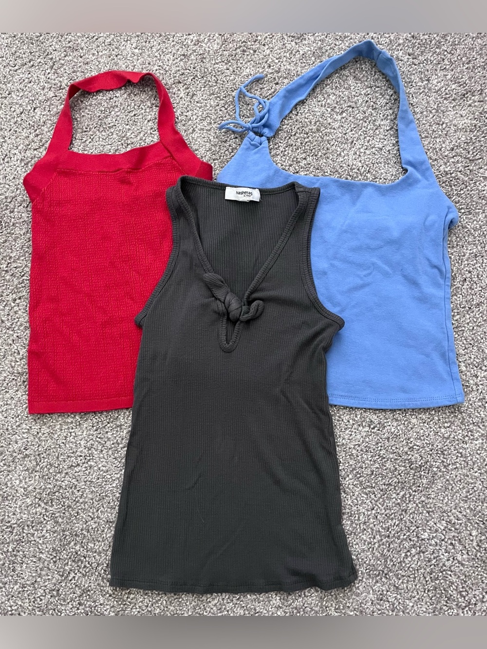 Bundle of Women’s Halter & Ribbed Tank Tops — Red, Blue, Black XS